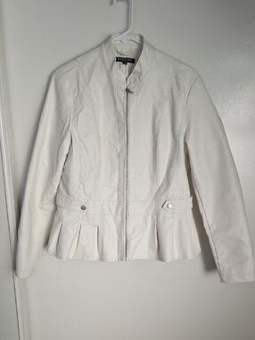 Baccini Women's White Peplum Zip-Front Leather Jacket